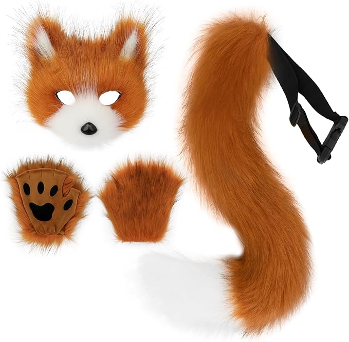 Adolala Faux Fur Fox Tail Cat Wolf Set Plush Mask Fluffy Paw Gloves Halloween Christmas Party for Women